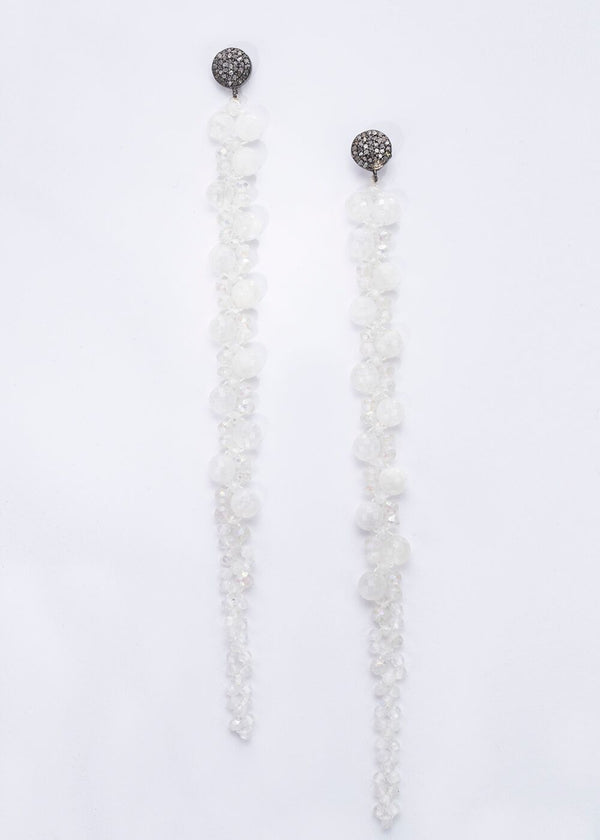 Faceted Moon Stone Macramé Earrings on Rose Cut Diamond Post (5.5" or 5") #3377-Earrings-Gretchen Ventura