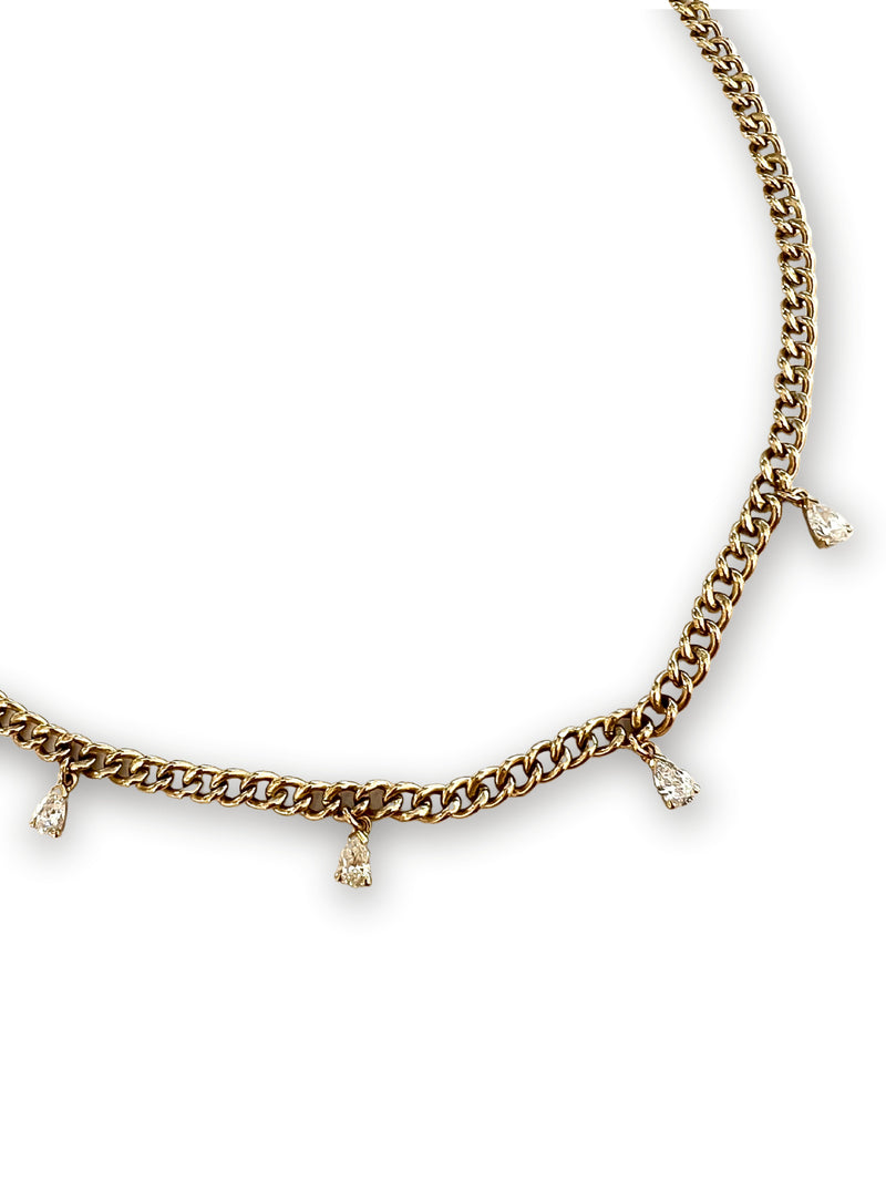 14K Gold Curb Chain W/ Pear Shape Diamonds (.47c) Necklace (14”-16”)-Gretchen Ventura