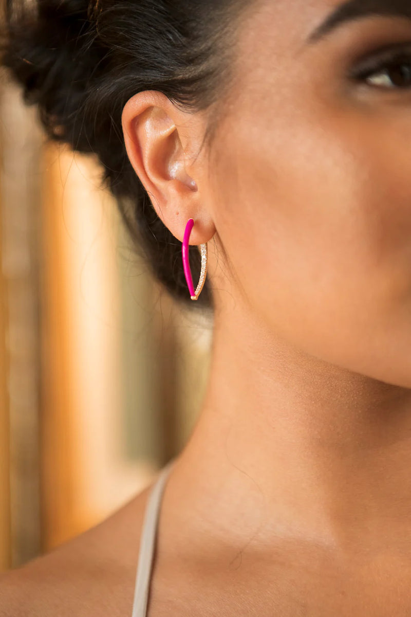 Barbie Pink Enamel and Brilliant Diamond in 14K Gold Hoop Earring 1.1" #3537-Earrings-Gretchen Ventura