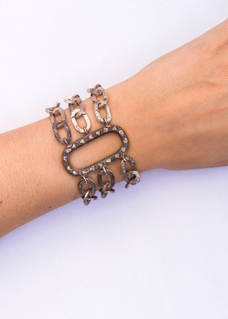 Blackened Sterling Silver links w/ CF Diamond (6.2 C) Encrusted Blackened Sterling Oval & Clasp Bracelet-Bracelets-Gretchen Ventura