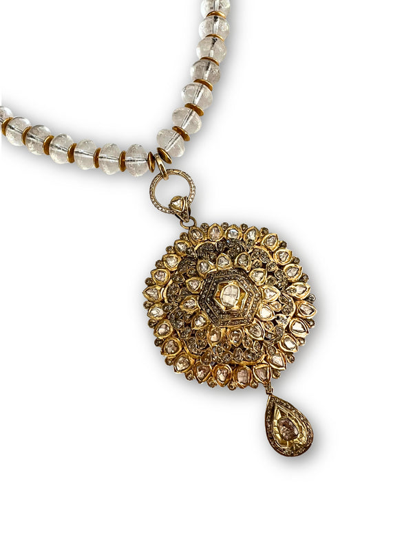 Vintage Gold Plate Over Sterling w/ Rose Cut Diamonds & Pave Diamond Pendant # 9655-Necklaces-Gretchen Ventura