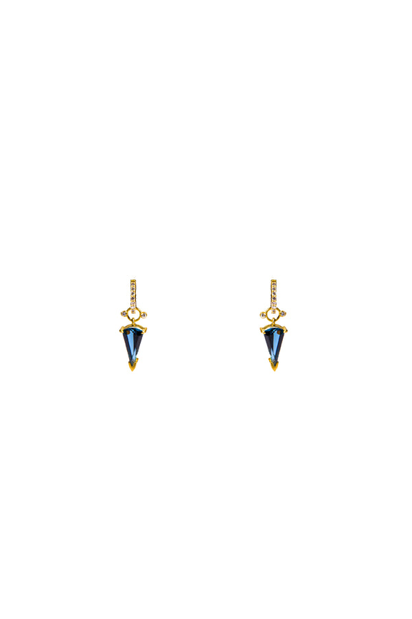 18 K Gold & Brilliant cut Diamond & Faceted Blue London Topaz Dagger Drops (18 mm, Gold Wgt. 2.2g, D 0.23C)-Earrings-Gretchen Ventura