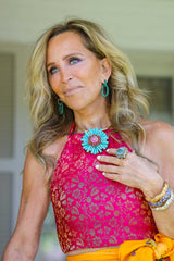 Vintage Turquoise, Pink Sapphire Resin & Ruby Pendant/Brooch-Neck Pendant-Gretchen Ventura