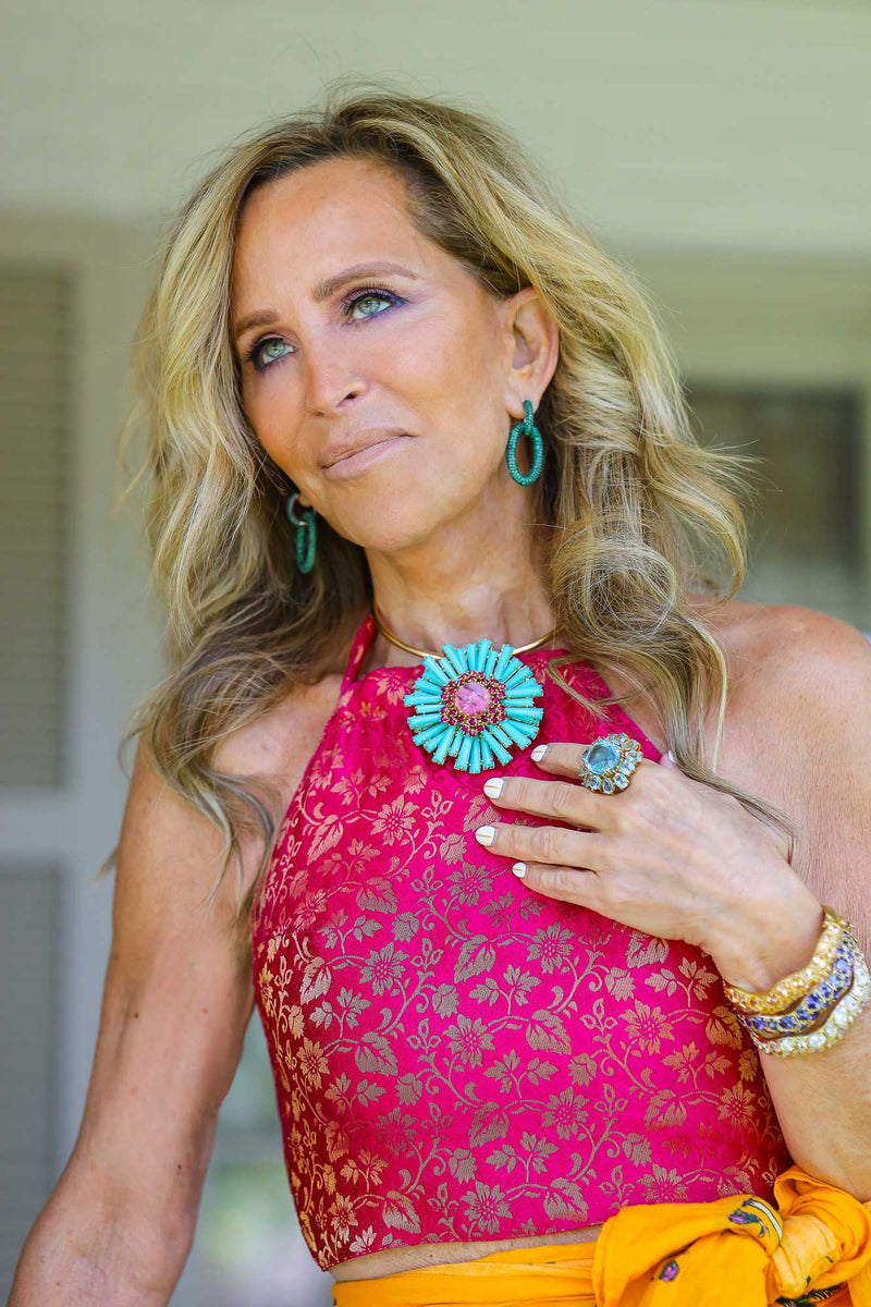 Vintage Turquoise, Pink Sapphire Resin & Ruby Pendant/Brooch-Neck Pendant-Gretchen Ventura