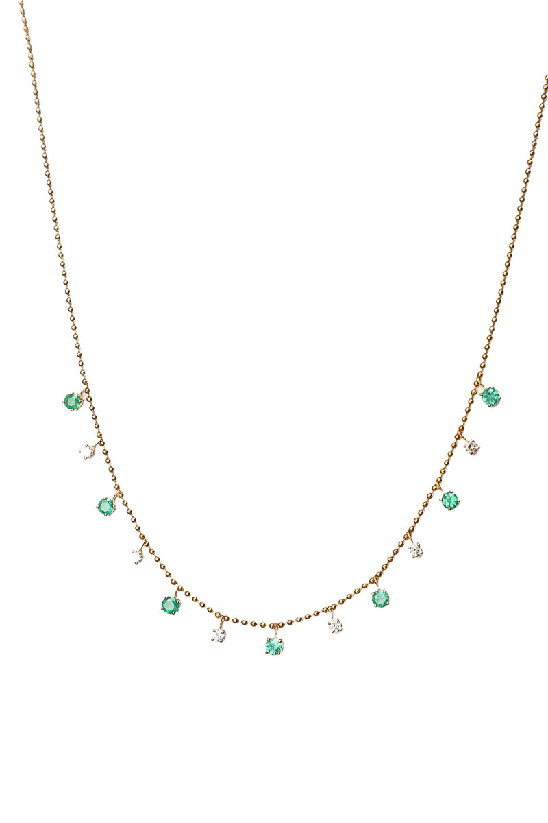 Gold Ball Chain w/ Diamond & Emerald Drop Necklace-Necklaces-Gretchen Ventura