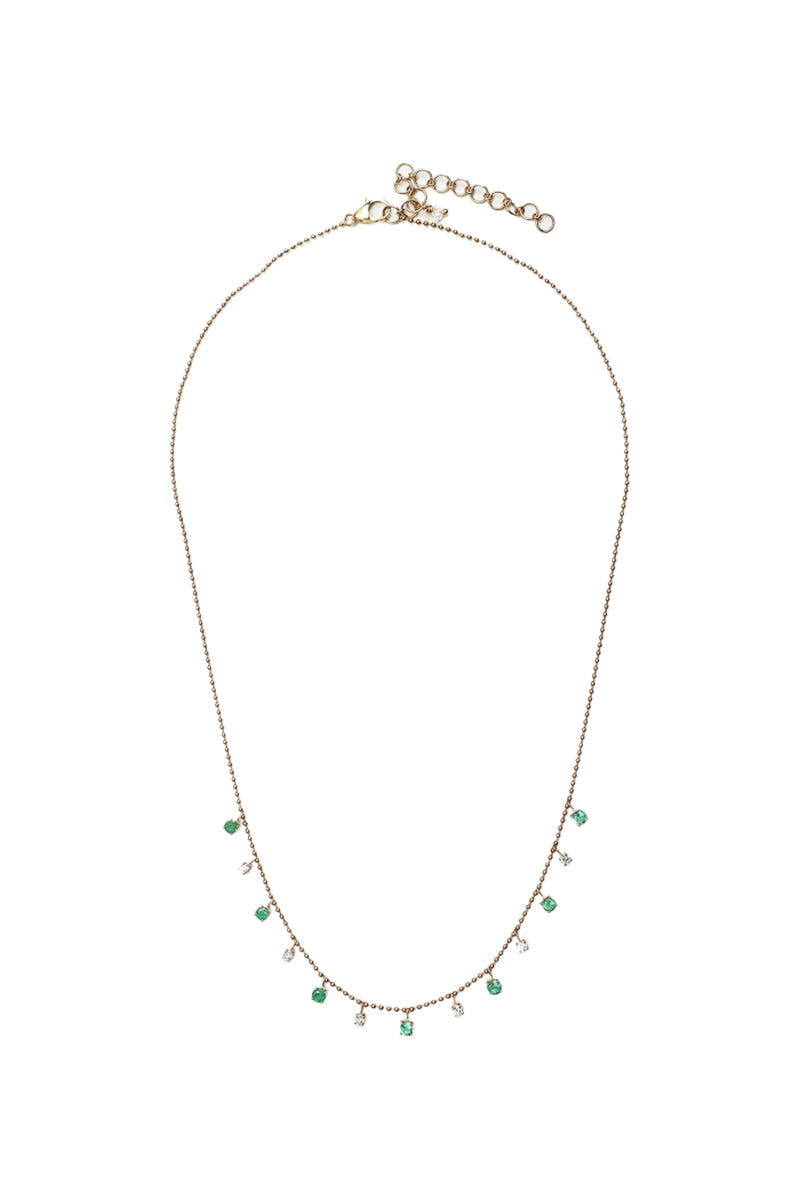 Gold Ball Chain w/ Diamond & Emerald Drop Necklace-Necklaces-Gretchen Ventura