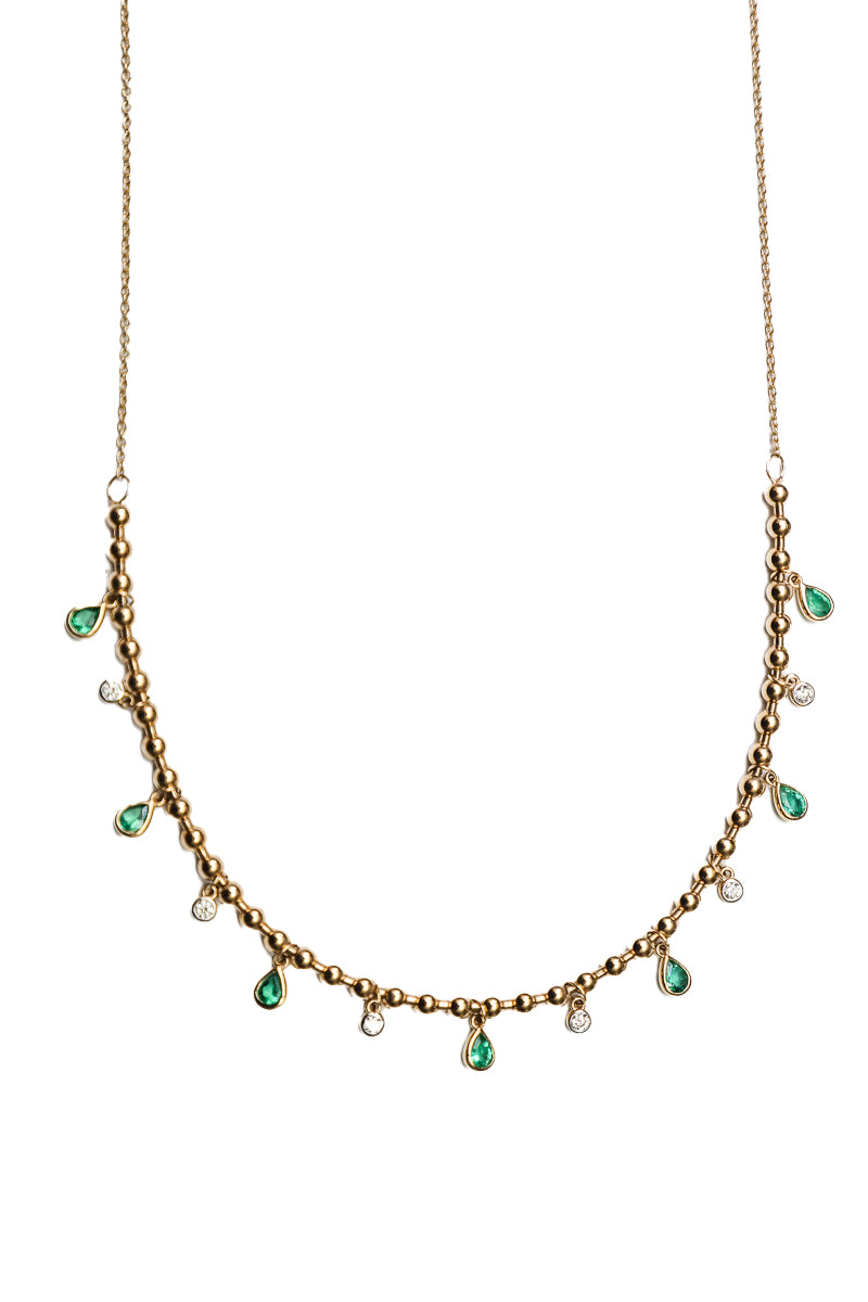 Gold Ball Chain necklace w/Diamond & Emerald Drops-Necklaces-Gretchen Ventura