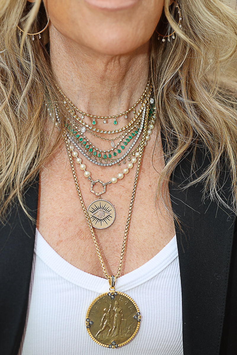 Gold Ball Chain necklace w/Diamond & Emerald Drops-Necklaces-Gretchen Ventura