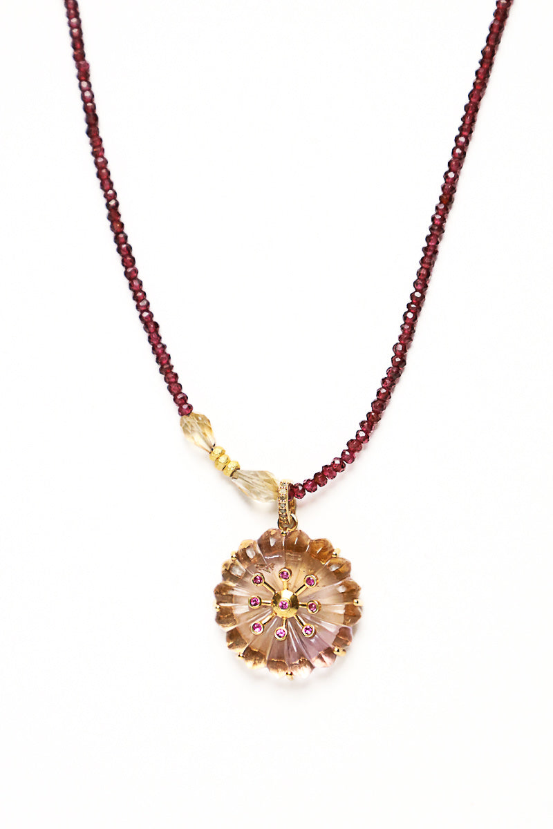 Garnet Necklace w/ Teardrop Citrine & 20K Gold Beads-Necklaces-Gretchen Ventura
