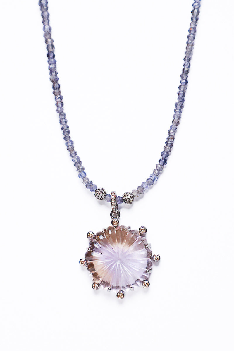Amethyst & 10 Point Diamond Pendant & Faceted Iolite Necklace-Necklaces-Gretchen Ventura