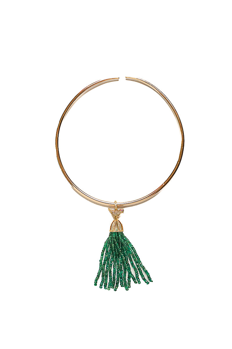 14K Gold, Diamond, Ruby Bird Cage & Emerald Tassel Pendant-Neck Pendant-Gretchen Ventura
