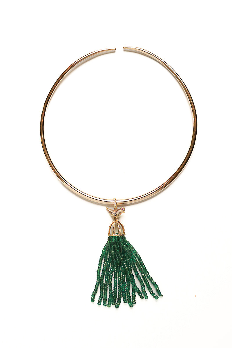 14K Gold, Diamond, Ruby Bird Cage & Emerald Tassel Pendant-Neck Pendant-Gretchen Ventura