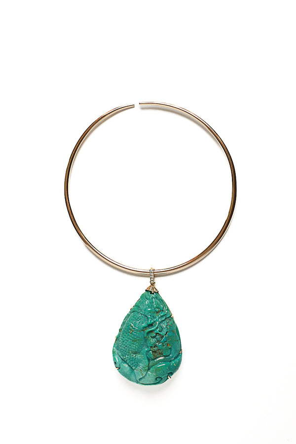 Carved Turquoise Teardrop Pendant in 14K Gold-Neck Pendant-Gretchen Ventura
