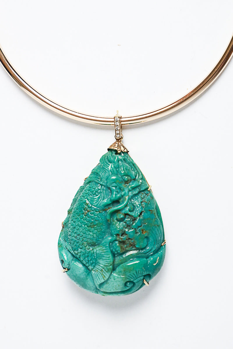 Carved Turquoise Teardrop Pendant in 14K Gold-Neck Pendant-Gretchen Ventura