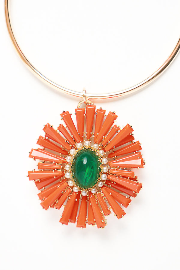 Vintage Coral, Emerald Resin & Pearls Pendant/Brooch-Neck Pendant-Gretchen Ventura