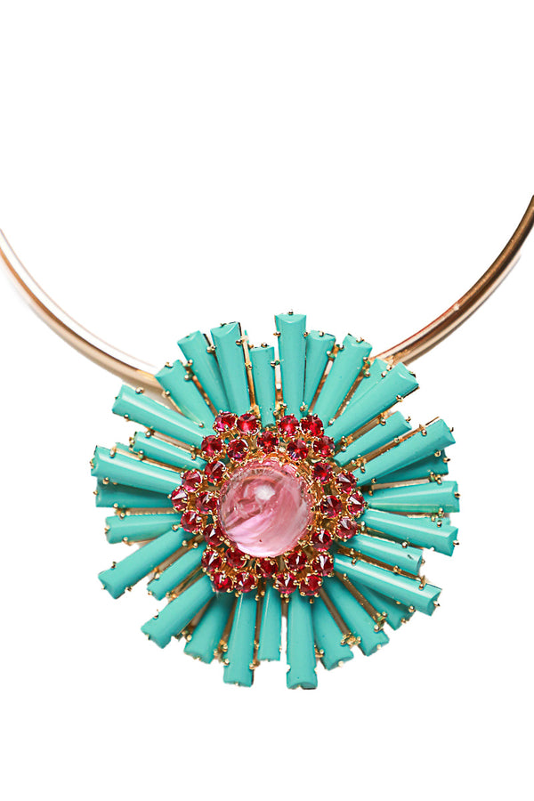 Vintage Turquoise, Pink Sapphire Resin & Ruby Pendant/Brooch-Neck Pendant-Gretchen Ventura