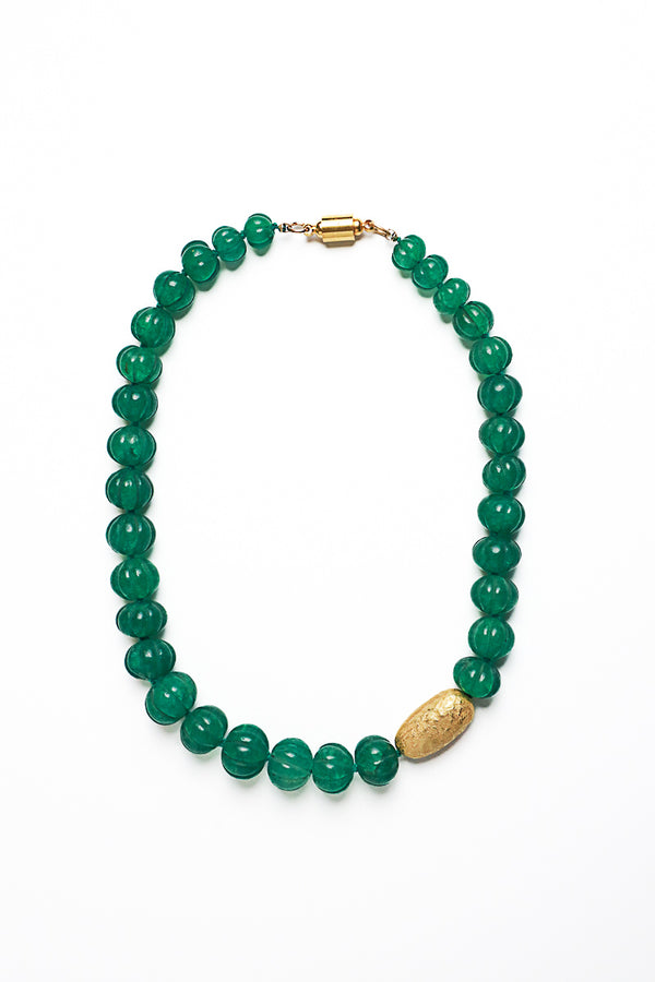 Hand Carved Emerald Bead & Gold Nugget Silk Knotted Necklace-Necklaces-Gretchen Ventura