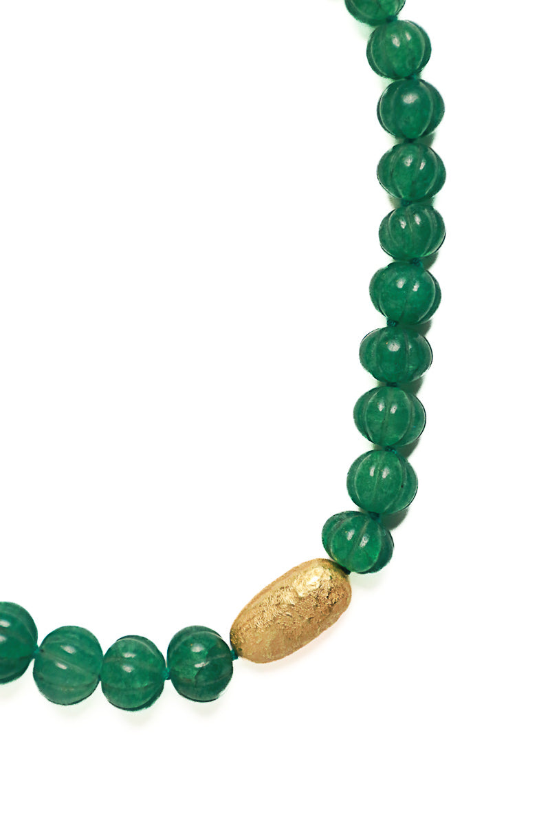Hand Carved Emerald Bead & Gold Nugget Silk Knotted Necklace-Necklaces-Gretchen Ventura