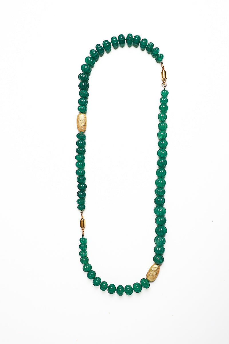 Hand Carved Emerald Bead & Gold Nugget Silk Knotted Necklace-Necklaces-Gretchen Ventura