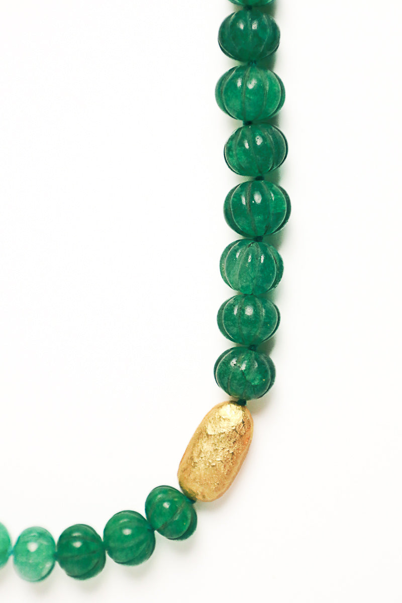 Hand Carved Emerald Bead & Gold Nugget Silk Knotted Necklace-Necklaces-Gretchen Ventura