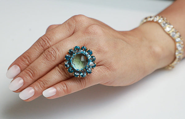 Blue Topaz Gold Plate Cocktail Ring-Rings-Gretchen Ventura