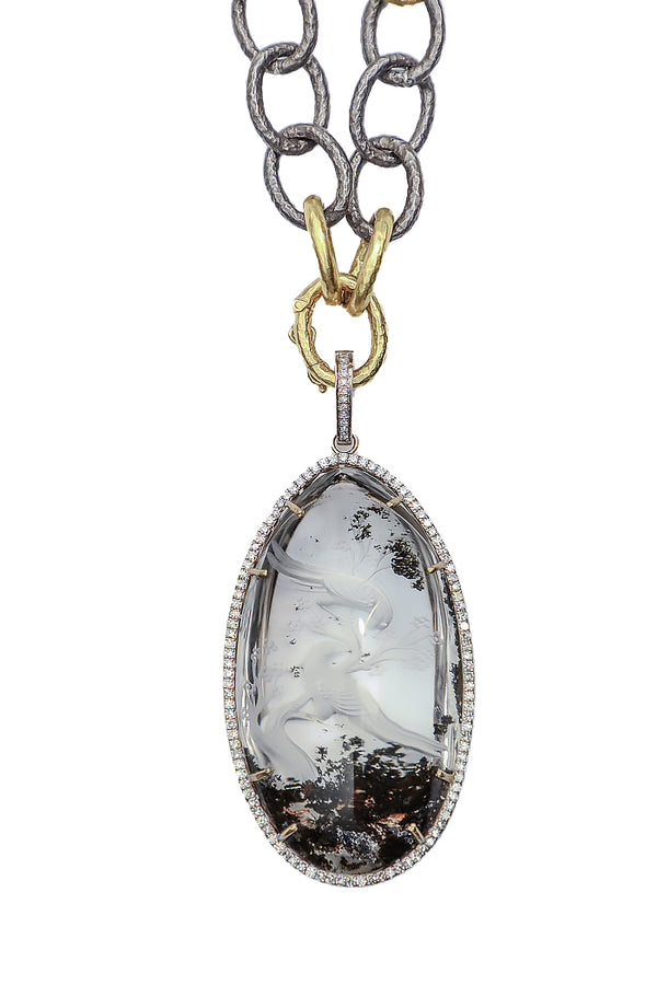 Quartz Crystal Intaglio Parrots Sitting on Tree Branch Pendant-Neck Pendant-Gretchen Ventura