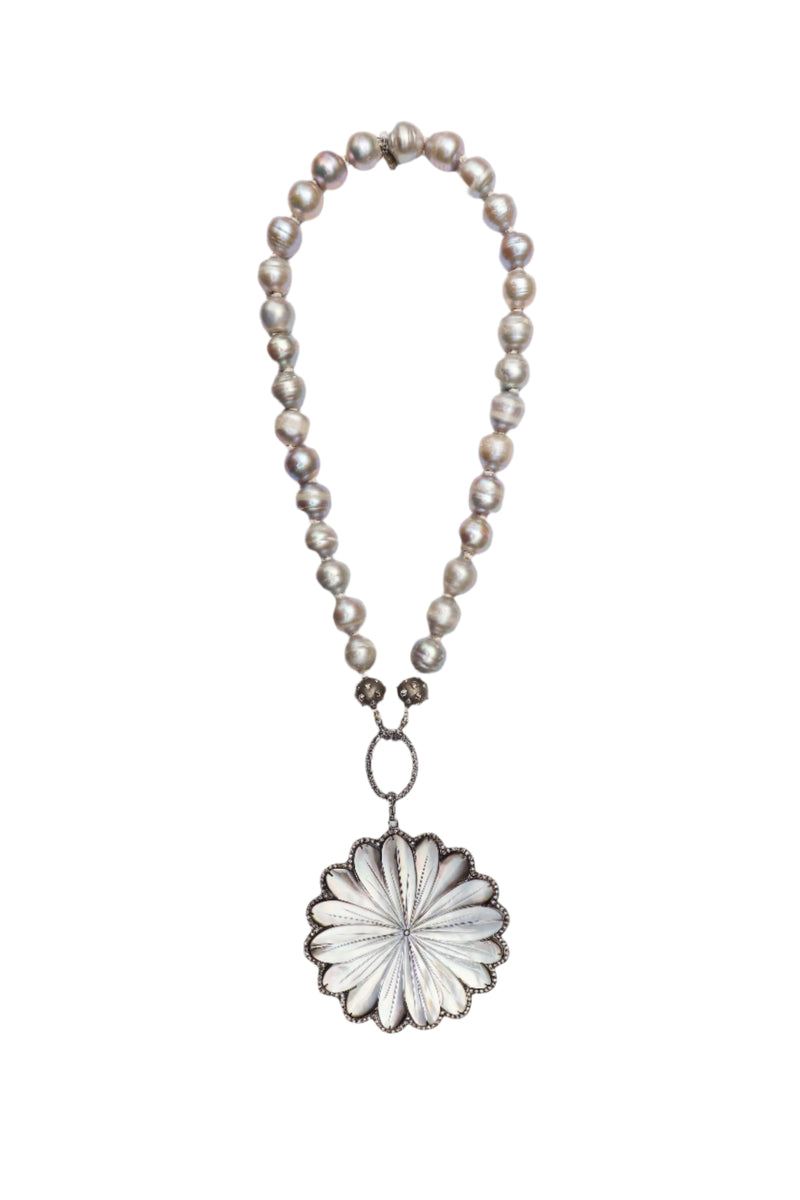 Mother of Pearl & Diamond Daisy Pendant-Neck Pendant-Gretchen Ventura