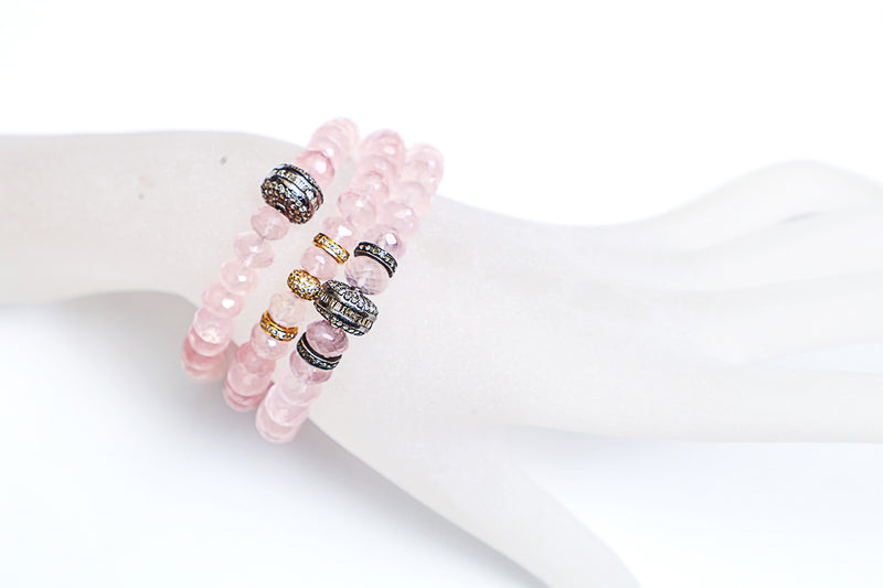 Rose Quartz Bracelet w/Gold Bead & Wheels-Bracelets-Gretchen Ventura