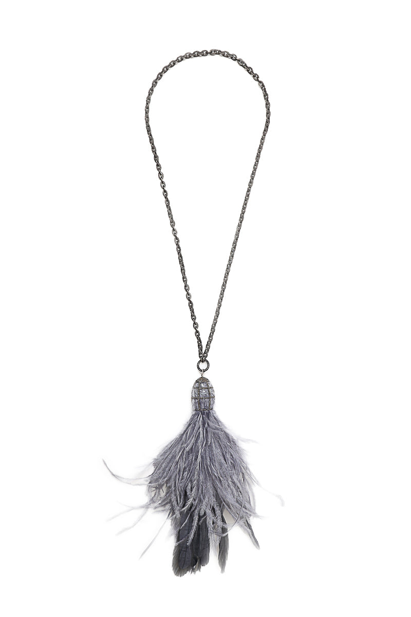 Grayish Blue Feather Tassel Necklace-Necklaces-Gretchen Ventura