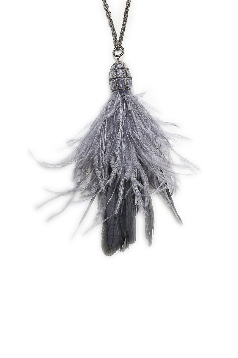 Grayish Blue Feather Tassel Necklace-Necklaces-Gretchen Ventura