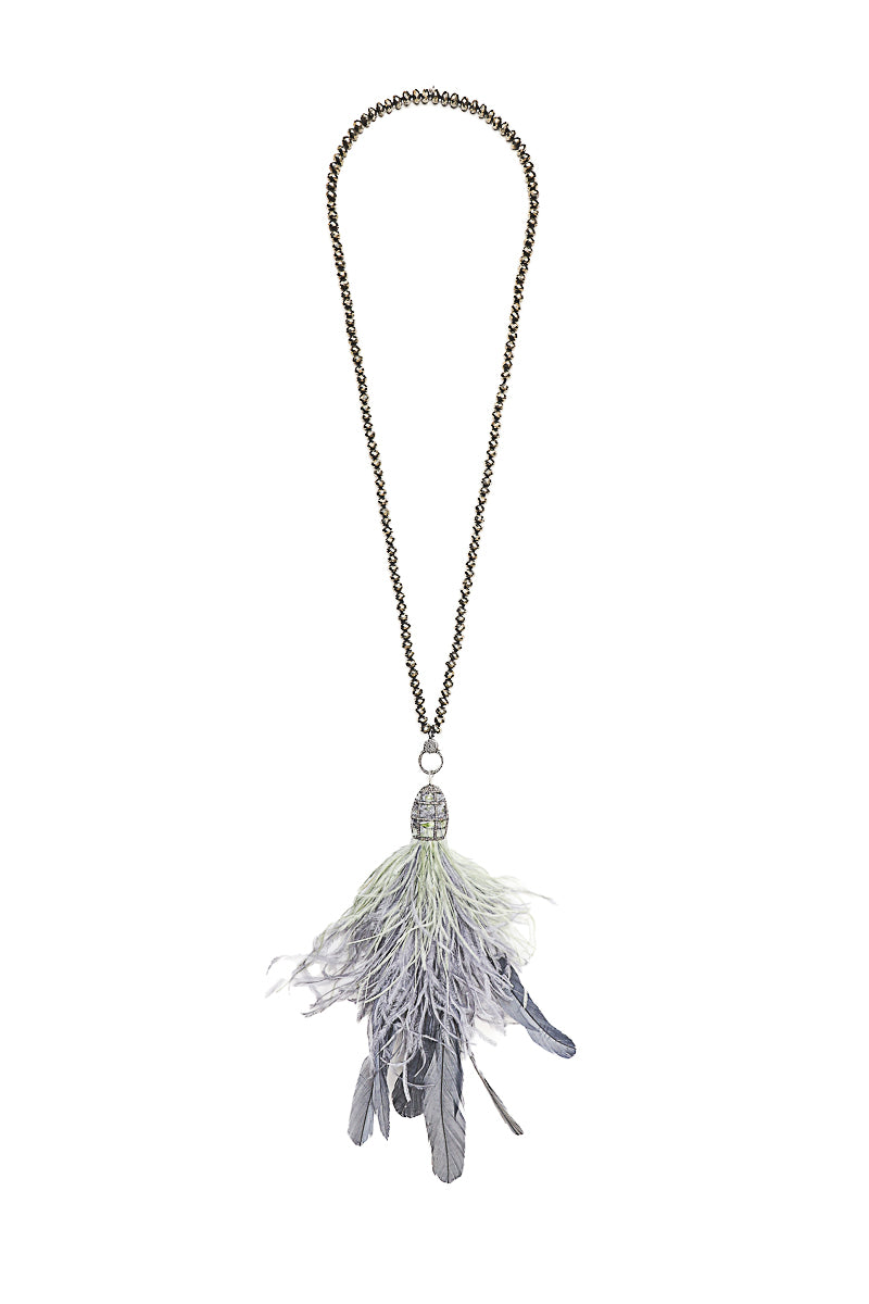 Two Toned Feather Tassel & Faceted Pyrite Necklace-Necklaces-Gretchen Ventura