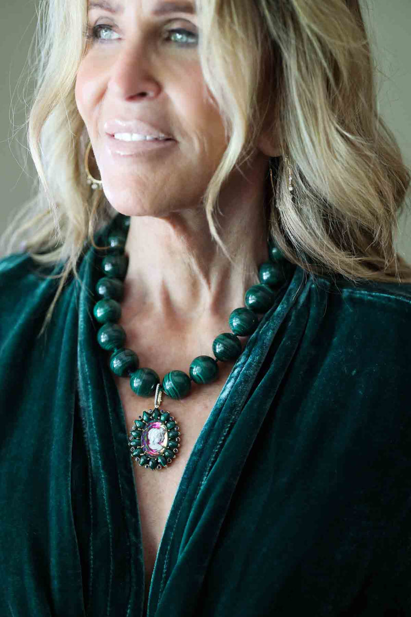 Cameo w/ Malachite & Sapphire in Gold Plate-Neck Pendant-Gretchen Ventura