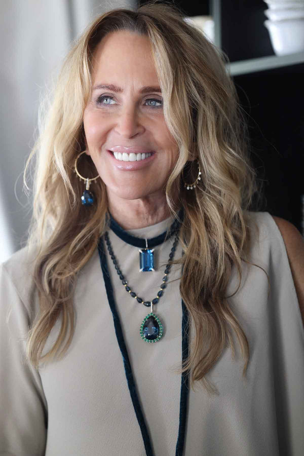 Tear Drop Shape Blue London Topaz Necklace w/Gold Beads-Necklaces-Gretchen Ventura