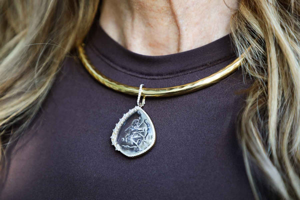 Vintage West German 1970s Taurus Intaglio Engraved by Hand In Pressed Glass and Acid Etched and Encased in 14K Gold and Diamond & Rectangle Clasp (0.64ctw, 3.9g, 1.9" w/Bale X 1.15") #7380-Neck Pendant-Gretchen Ventura