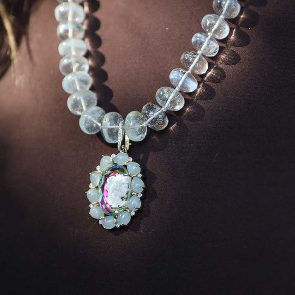 Cameo w/ Aquamarine & Diamond in Gold Plate-Neck Pendant-Gretchen Ventura