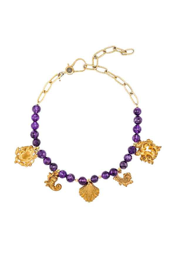 Faceted Amethyst Necklace w/ Vintage French Charms-Necklaces-Gretchen Ventura