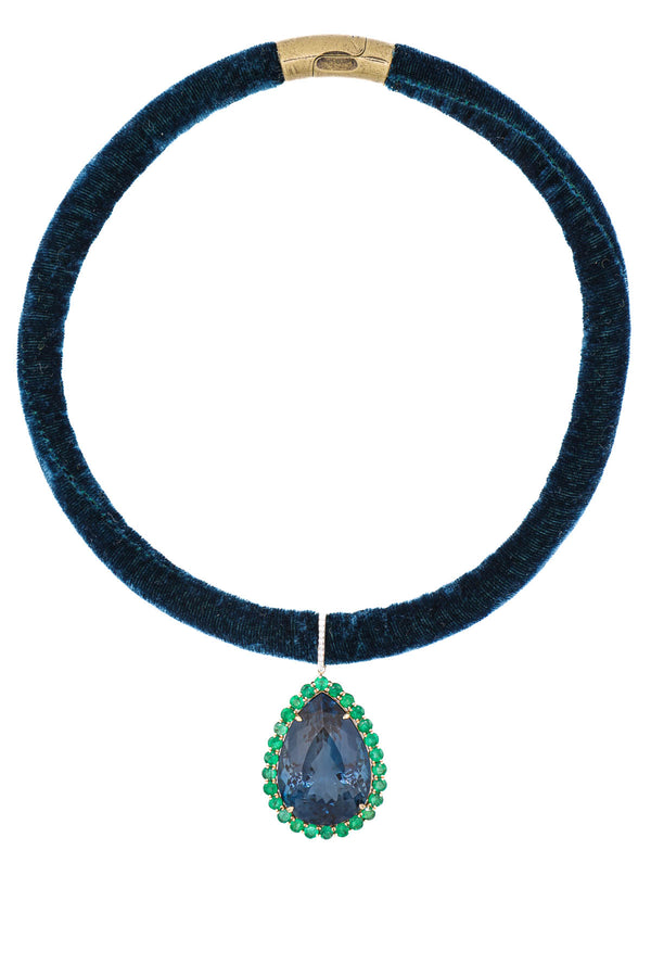 Tear Drop Shape Blue London Topaz Pendant w/ Emeralds-Neck Pendant-Gretchen Ventura