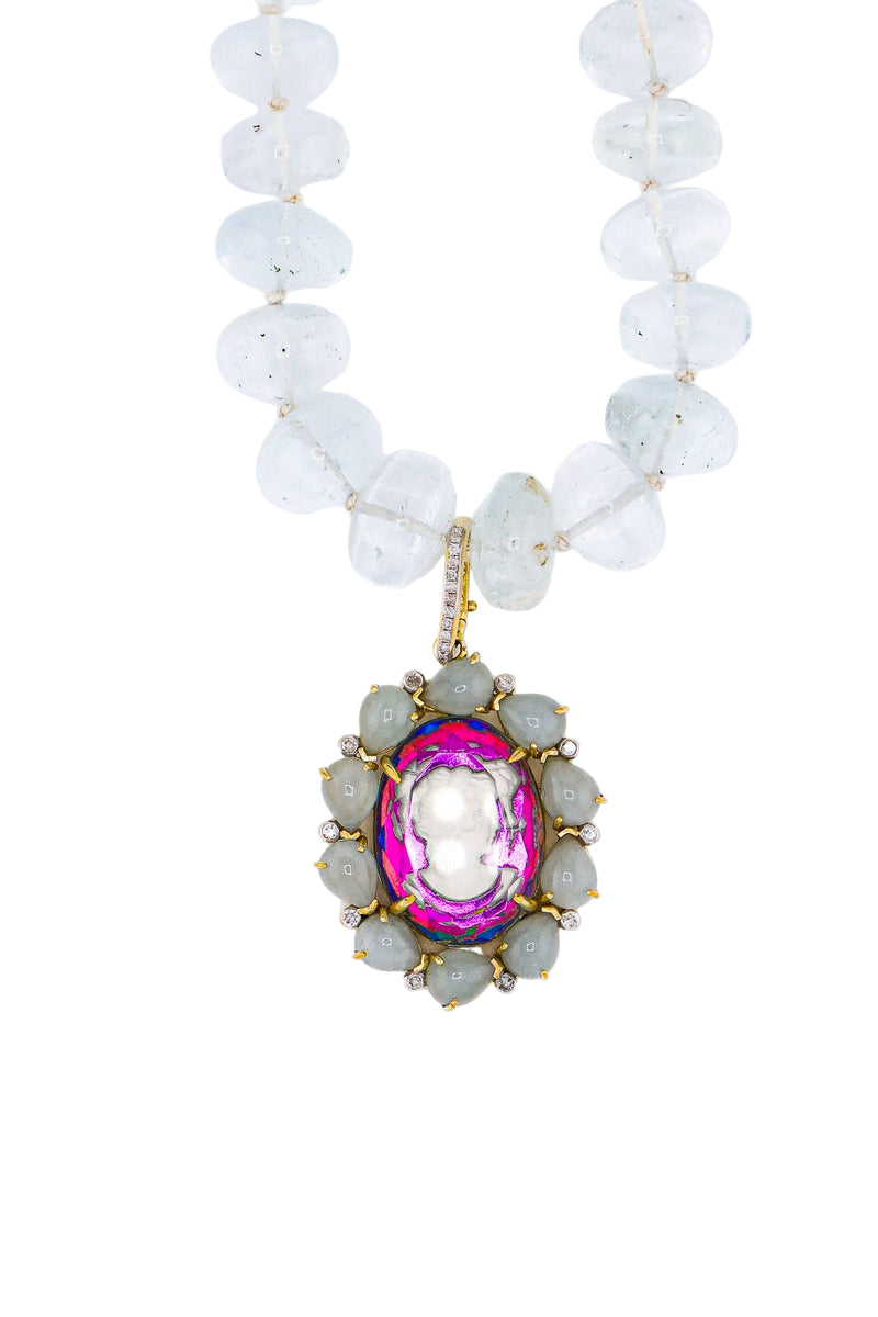 Cameo w/ Aquamarine & Diamond in Gold Plate-Neck Pendant-Gretchen Ventura