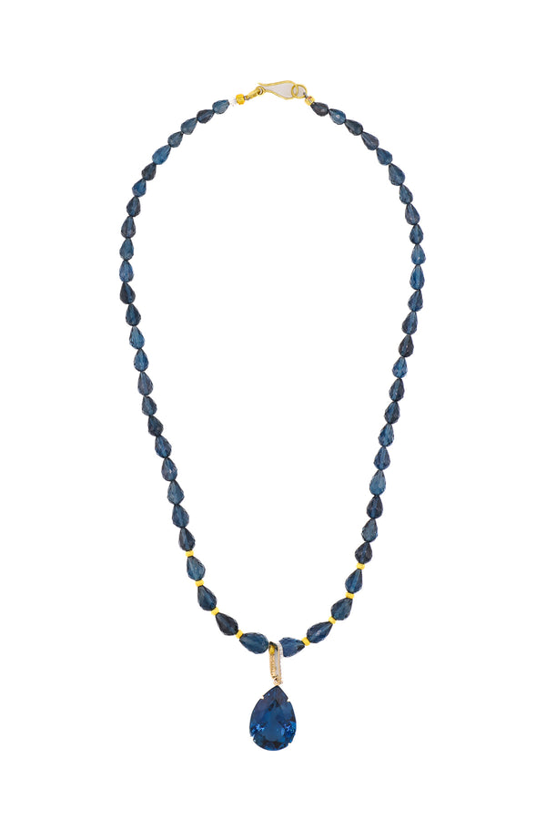 Tear Drop Shape Blue London Topaz Necklace w/Gold Beads-Necklaces-Gretchen Ventura