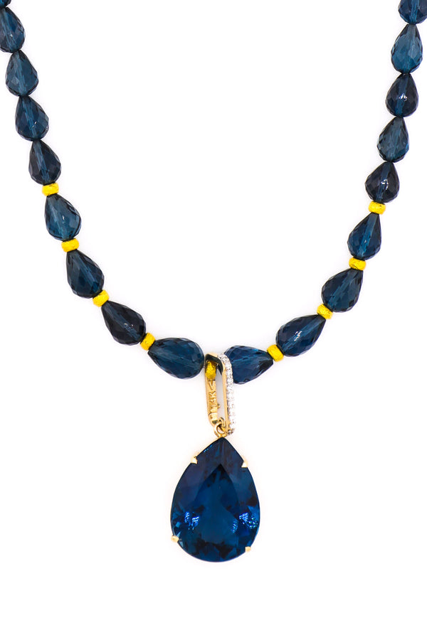 Tear Drop Shape Blue London Topaz Necklace w/Gold Beads-Necklaces-Gretchen Ventura