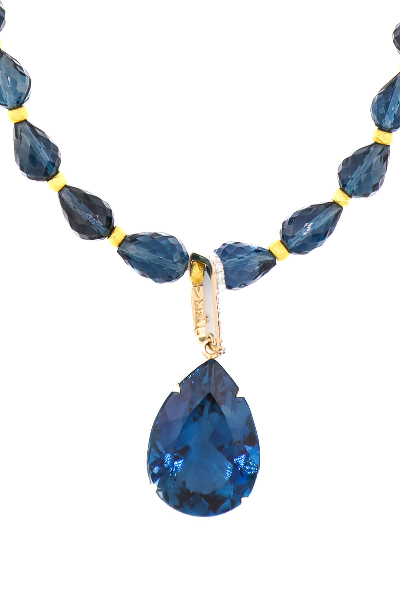 Tear Drop Shape Blue London Topaz Necklace w/Gold Beads-Necklaces-Gretchen Ventura