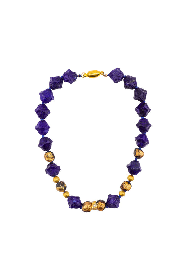 Hand Carved Lotus Lapis Lazuli & Tibetan Gold Leaf Wood Bead Silk Knotted Necklace 1-Necklaces-Gretchen Ventura