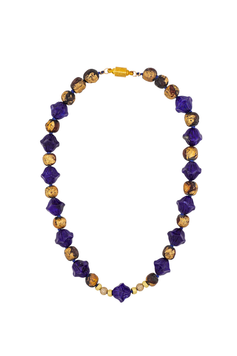 Hand Carved Lotus Lapis Lazuli & Tibetan Gold Leaf Wood Bead Silk Knotted Necklace 3-Necklaces-Gretchen Ventura