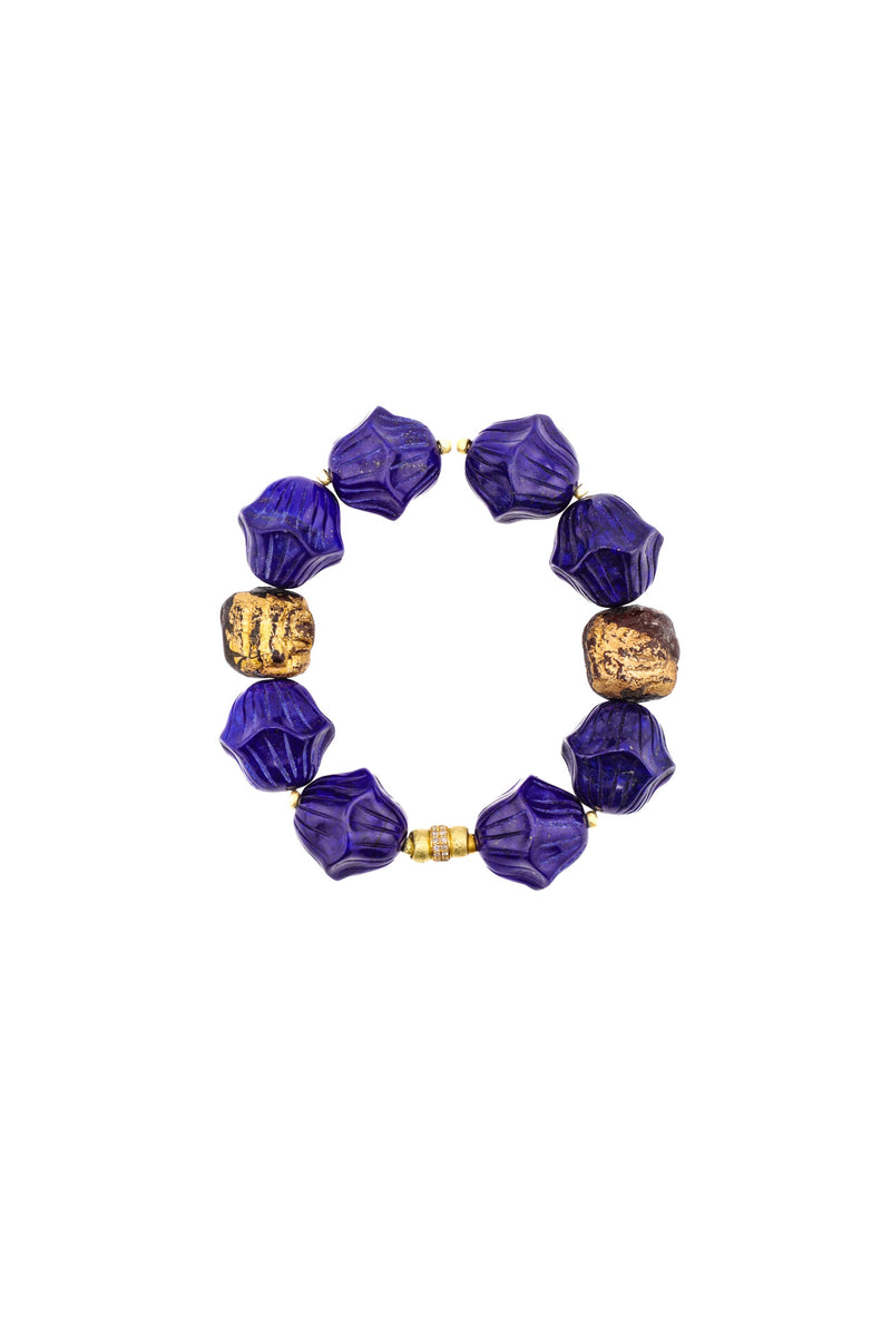 Hand Carved Lotus Lapis Lazuli & Tibetan Gold Leaf Wood Bead Bracelet-Bracelets-Gretchen Ventura