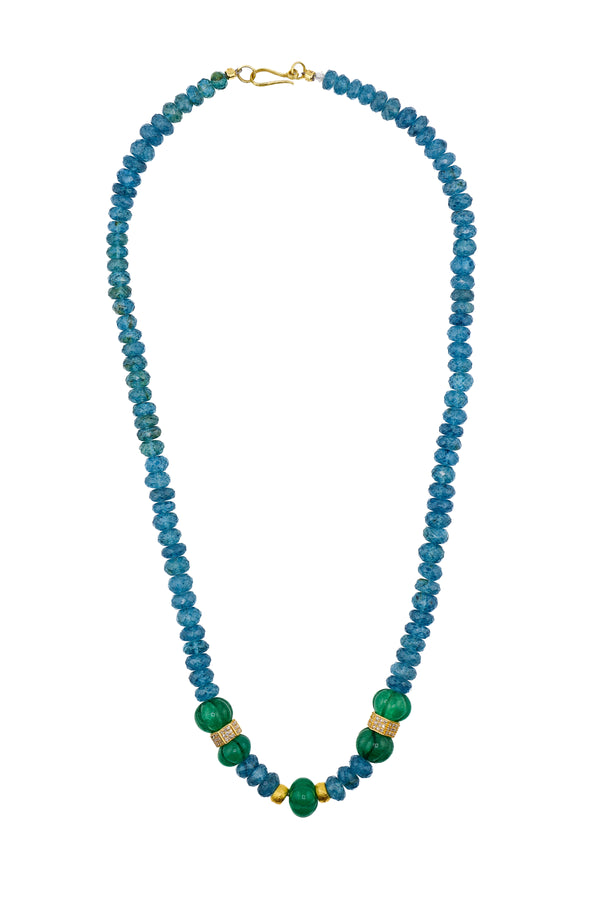 Faceted Blue London Topaz & Hand Carved Emerald Necklace 20"-Necklaces-Gretchen Ventura