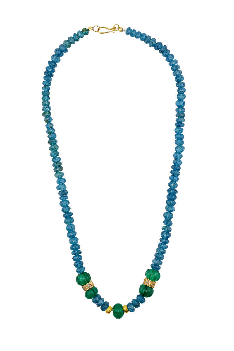 Faceted Blue London Topaz & Hand Carved Emerald Necklace 20"-Necklaces-Gretchen Ventura
