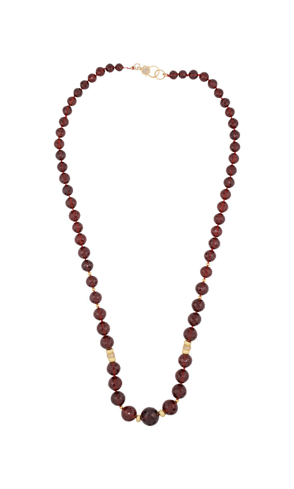 Faceted Hessonite Garnet, Gold & Diamond Bead Silk Knotted Necklace-Necklaces-Gretchen Ventura