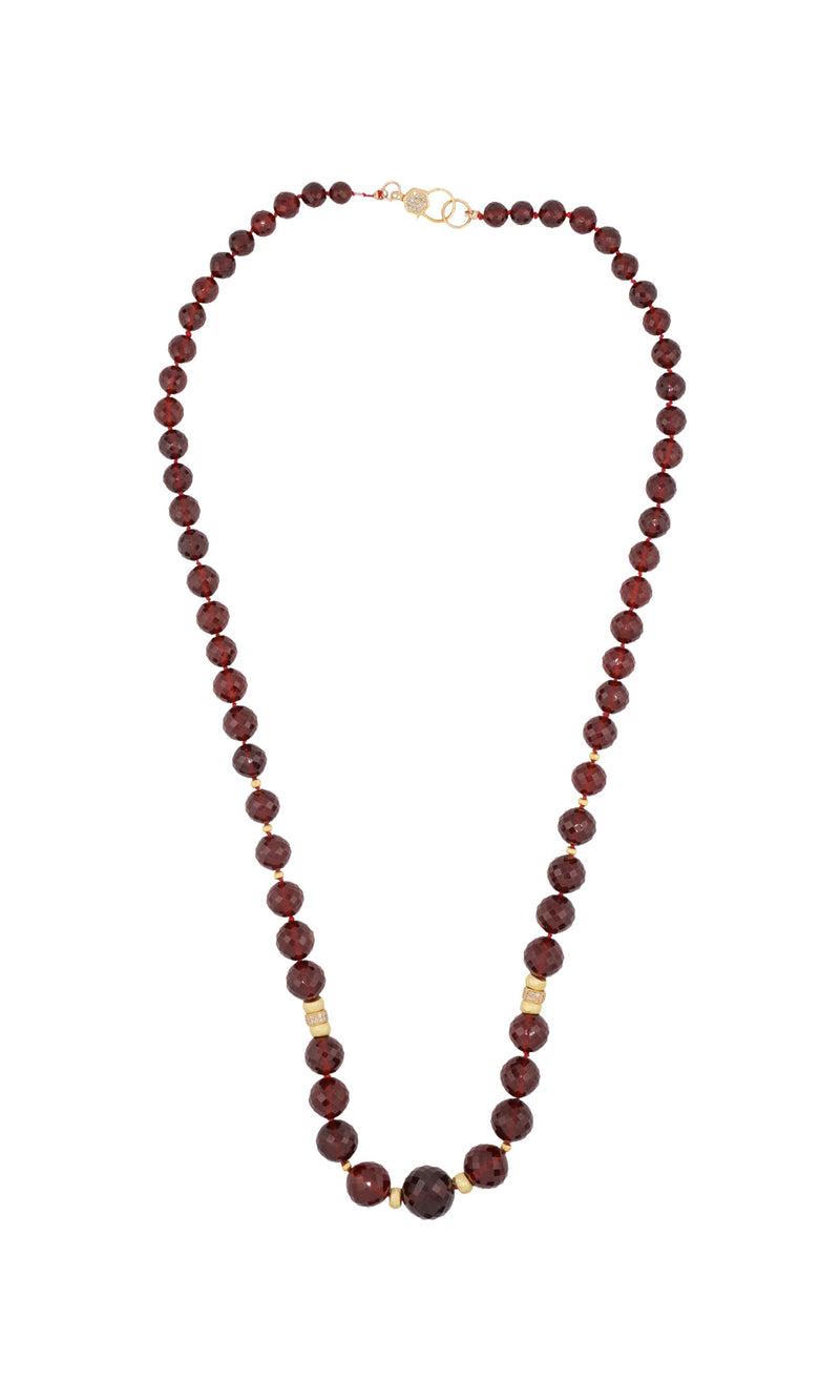 Faceted Hessonite Garnet, Gold & Diamond Bead Silk Knotted Necklace-Necklaces-Gretchen Ventura