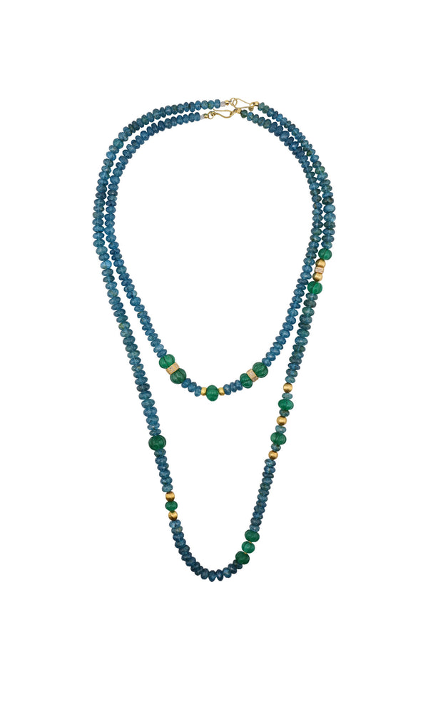 Faceted Blue London Topaz & Hand Carved Emerald Necklace-Necklaces-Gretchen Ventura