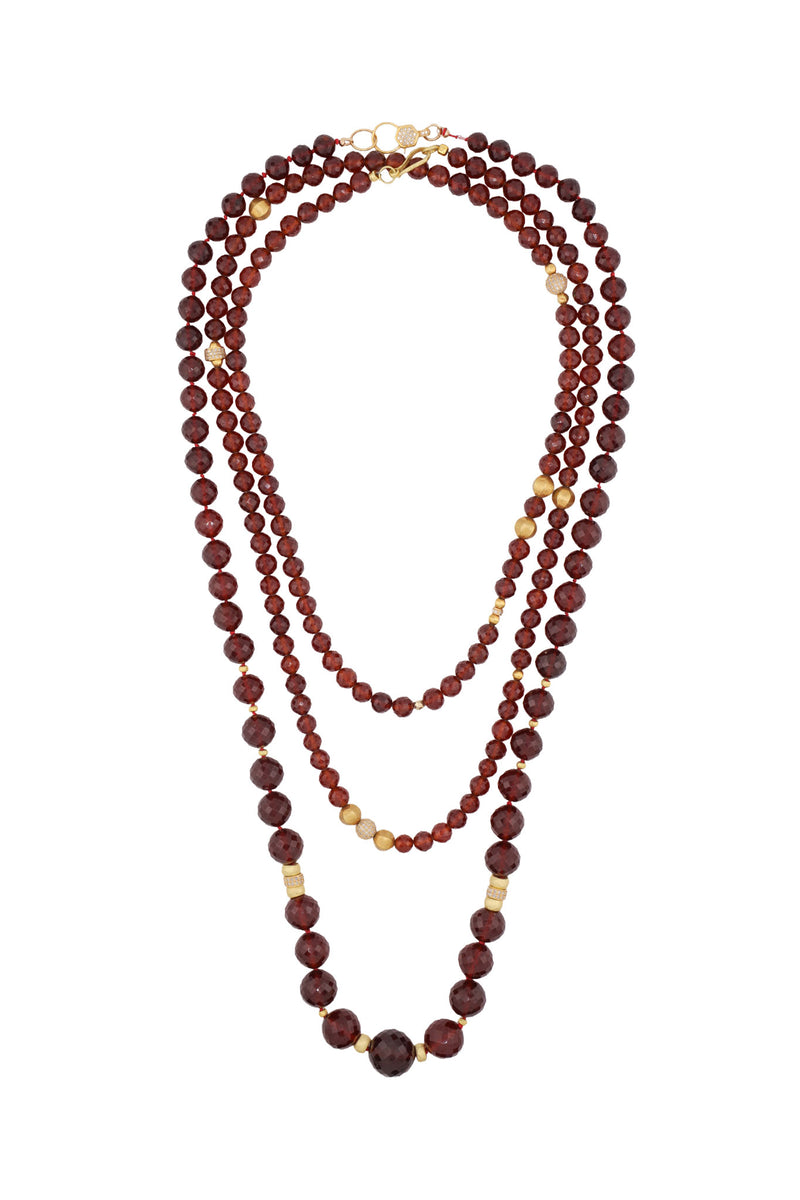 Faceted Hessonite Garnet, Gold & Diamond Bead Silk Knotted Necklace-Necklaces-Gretchen Ventura